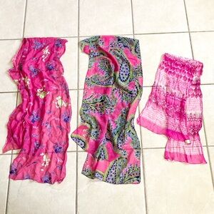 Bundle of girly pink vintage silky scarves- Burmel, oriental, paisley hot pink